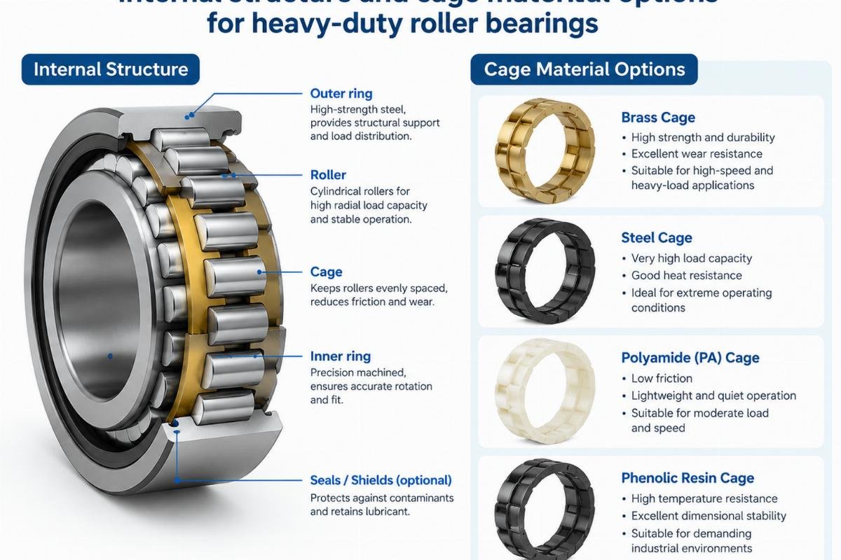 Internal structure and cage material options for heavy-duty roller bearings