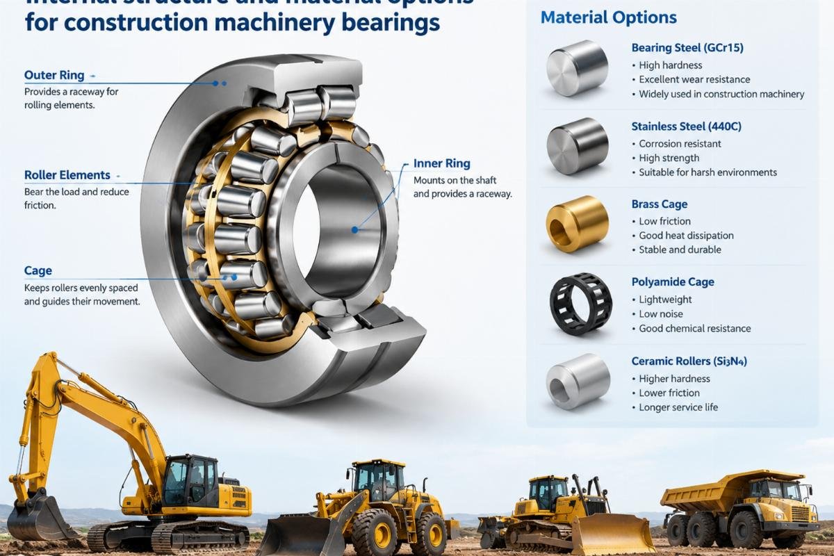 Internal structure and material options for construction machinery bearings