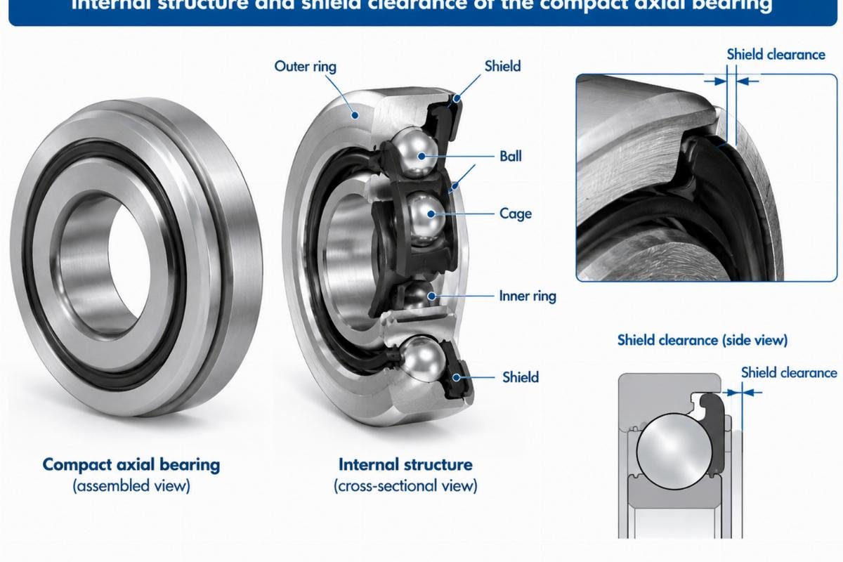 Internal structure and shield clearance of the compact axial bearing