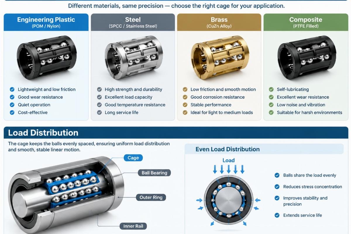 Linear motion ball bearing cage material options and load distribution