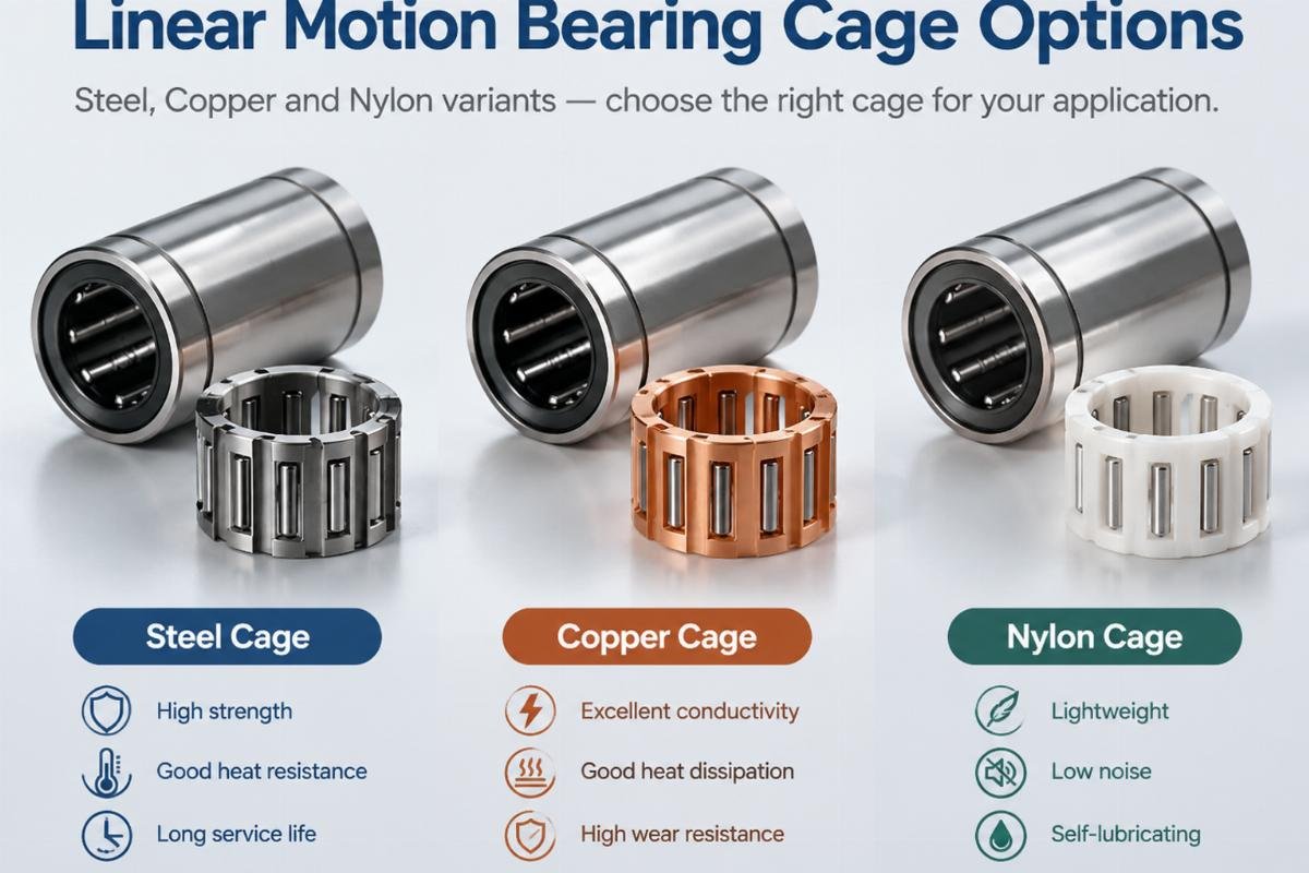 Linear motion bearing cage options including steel, copper, and nylon variants