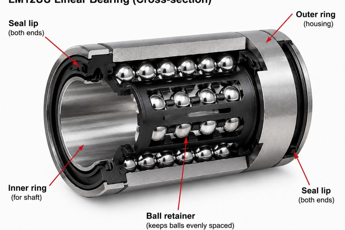 Lm12uu linear bearing cross-section showing seal lips and ball retainer