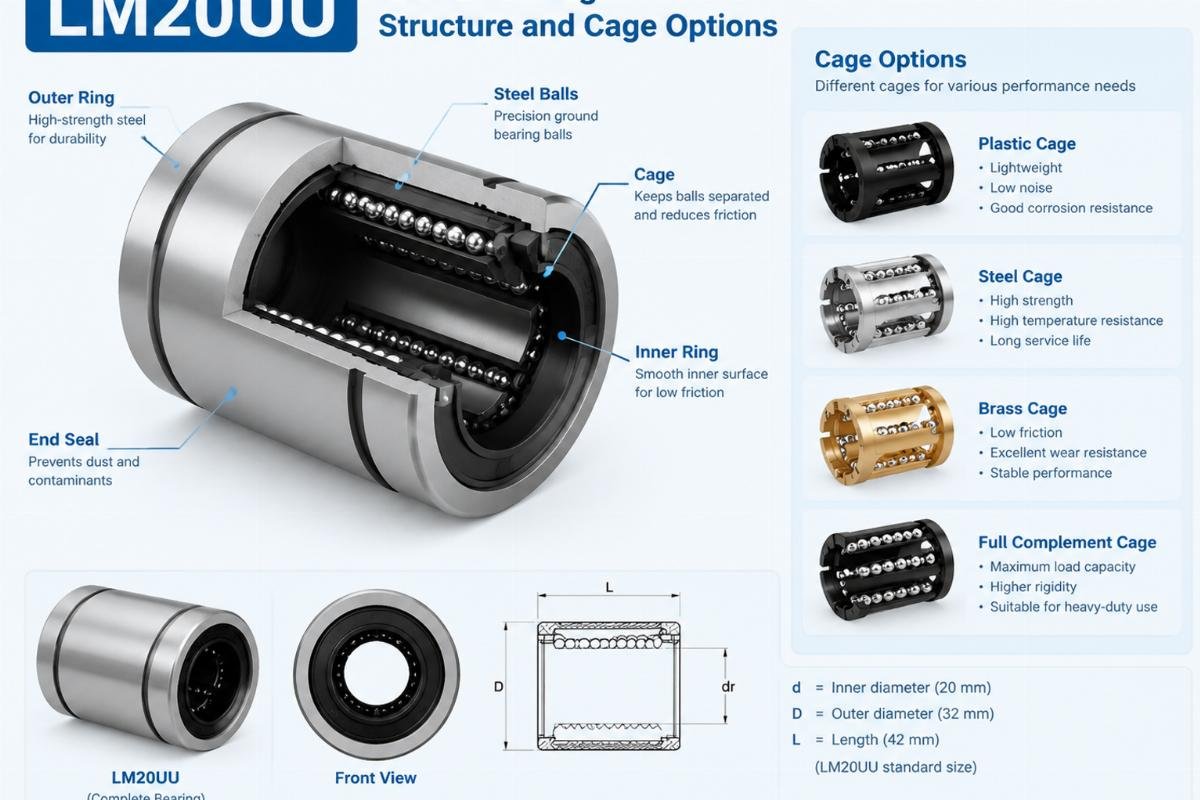 Lm20uu linear bearing structure and cage options