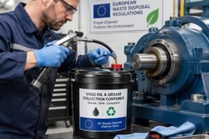 Maintenance technician using a sealed waste oil collection container during bearing re-lubrication to comply with European grease disposal rules