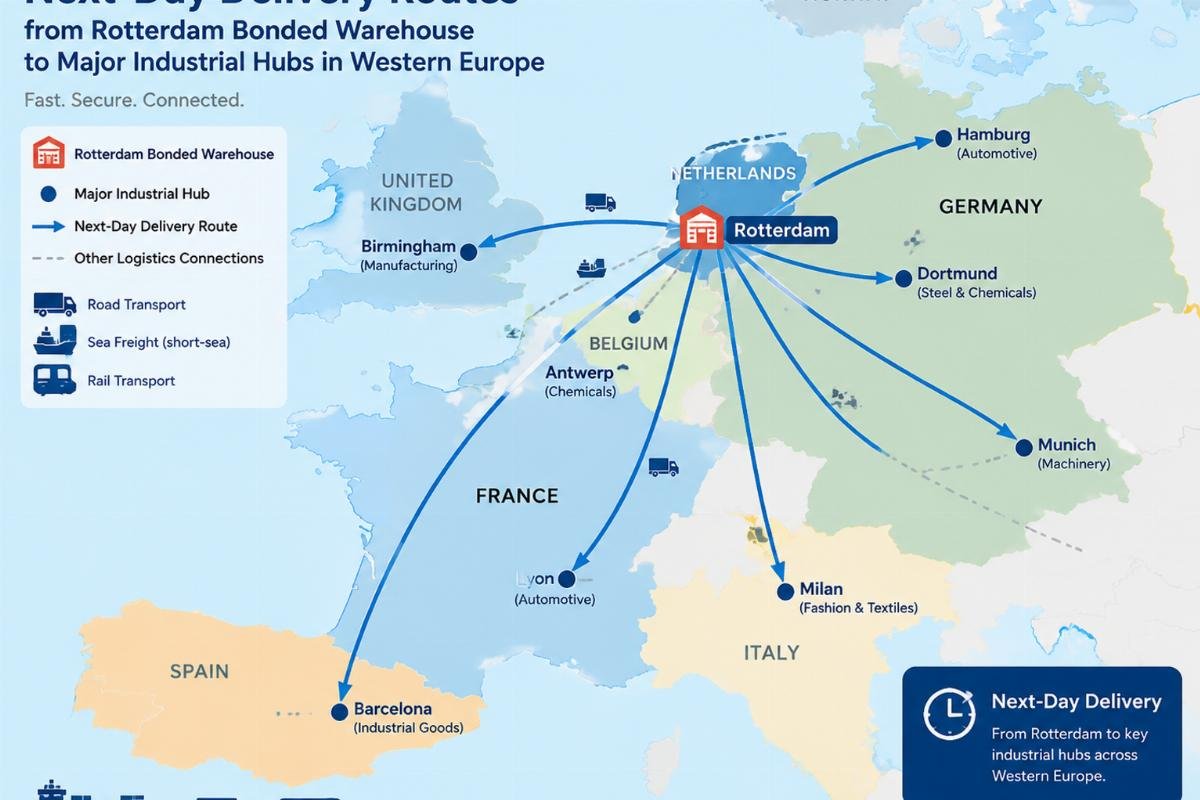 Map illustrating next-day delivery routes from a Rotterdam bonded warehouse to major industrial hubs in Western Europe