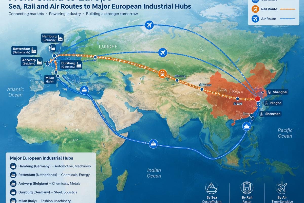 Map showing sea, rail, and air routes from China to major European industrial hubs