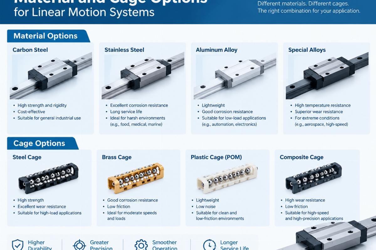 Material and cage options for linear motion systems
