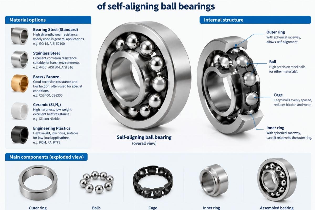 Material options and internal structure of self-aligning ball bearings