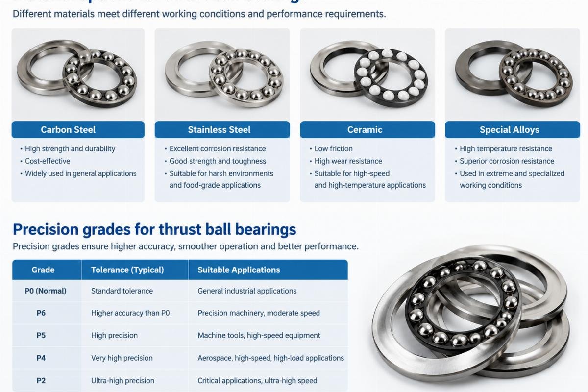 Material options and precision grades for thrust ball bearings