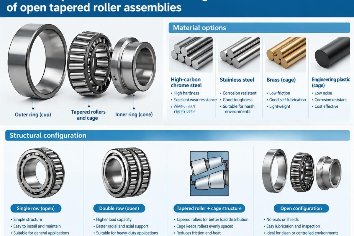 Material options and structural configuration of open tapered roller assemblies