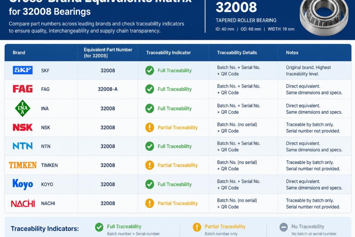 Matrix showing cross-brand equivalents for 32008 bearings with traceability indicators