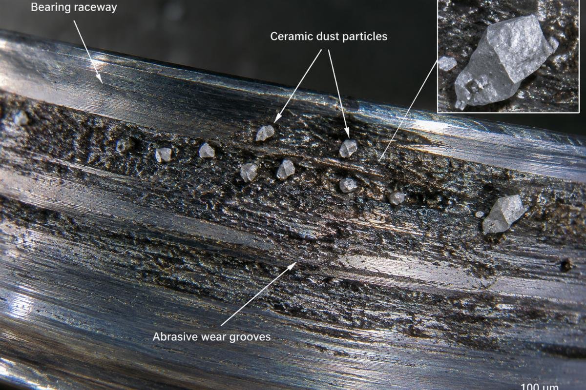 Microscopic view of abrasive wear damage on bearing raceways caused by ceramic dust ingress