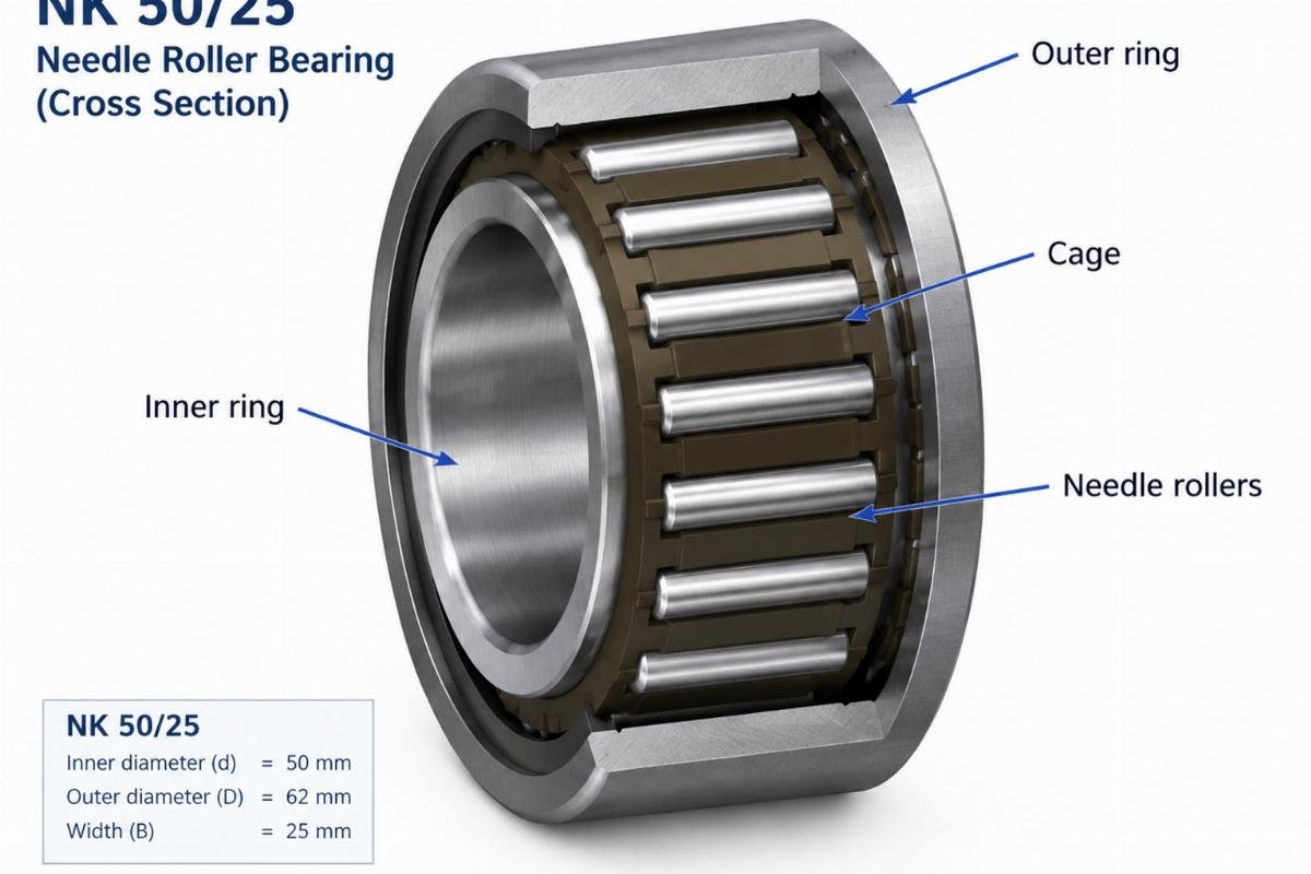 Nk 50/25 needle roller bearing cross section showing cage and rollers