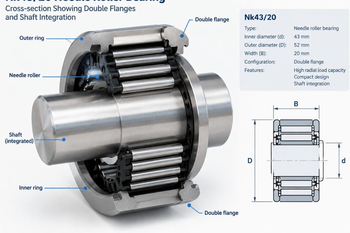 Nk43/20 needle roller bearing cross-section showing double flanges and shaft integration