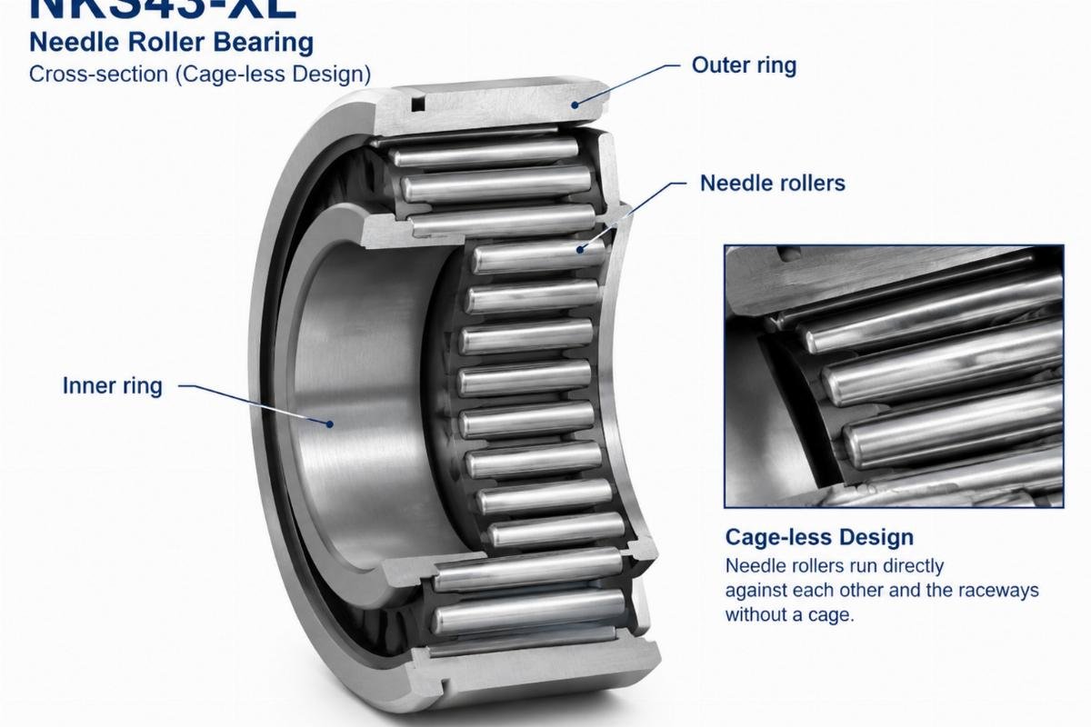Nks43-XL needle roller bearing cross-section showing cage-less design
