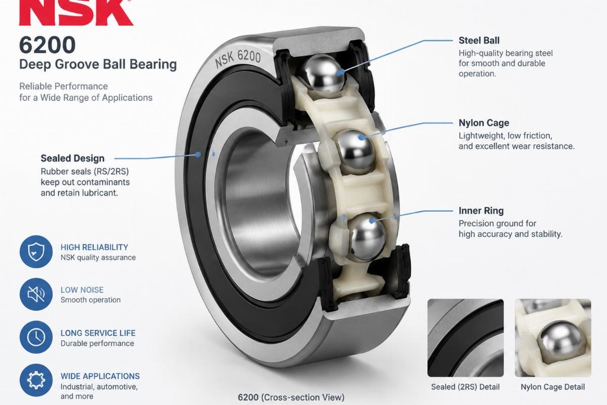 NSK 6200 deep groove ball bearing cross-section showing nylon cage and sealed design