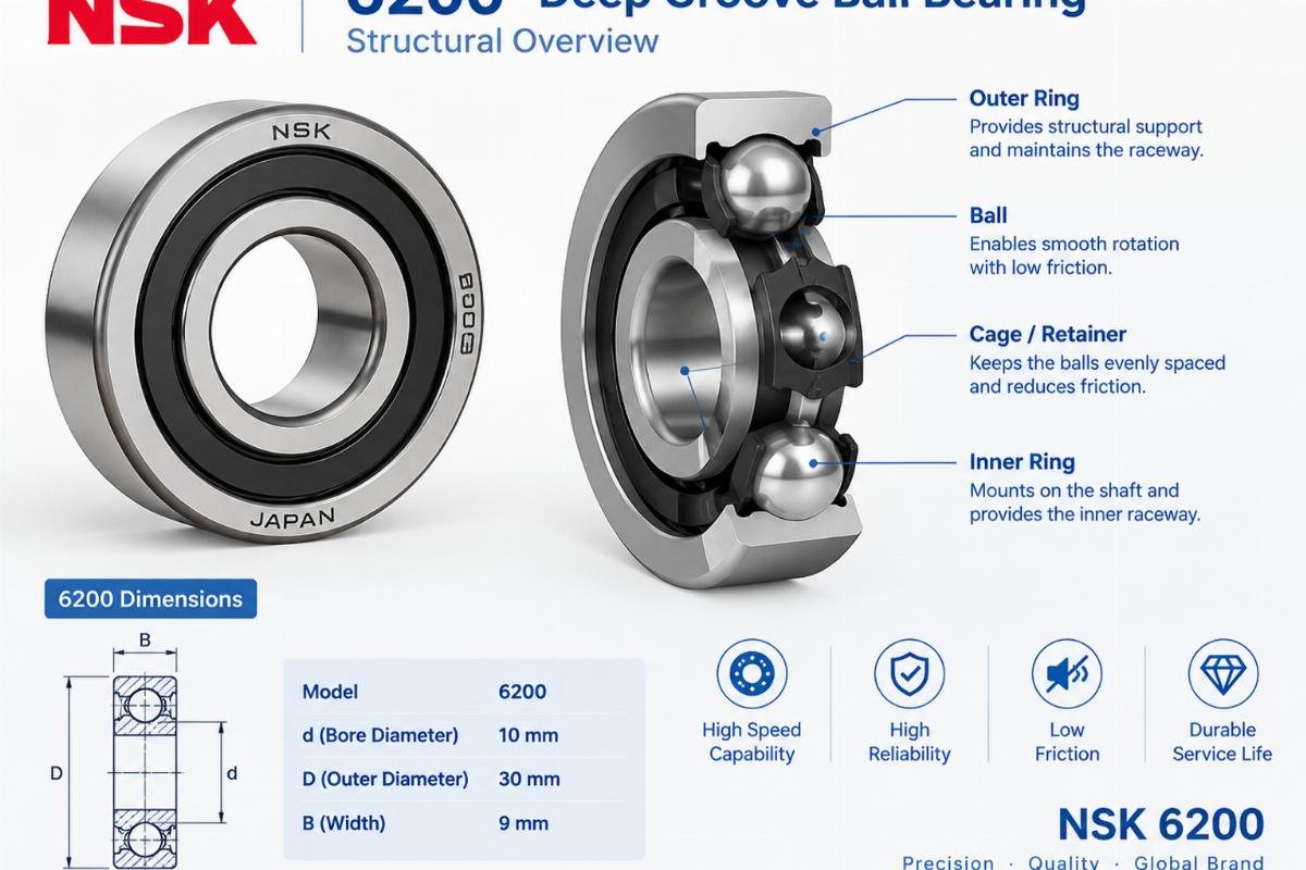 NSK 6200 deep groove ball bearing structural overview
