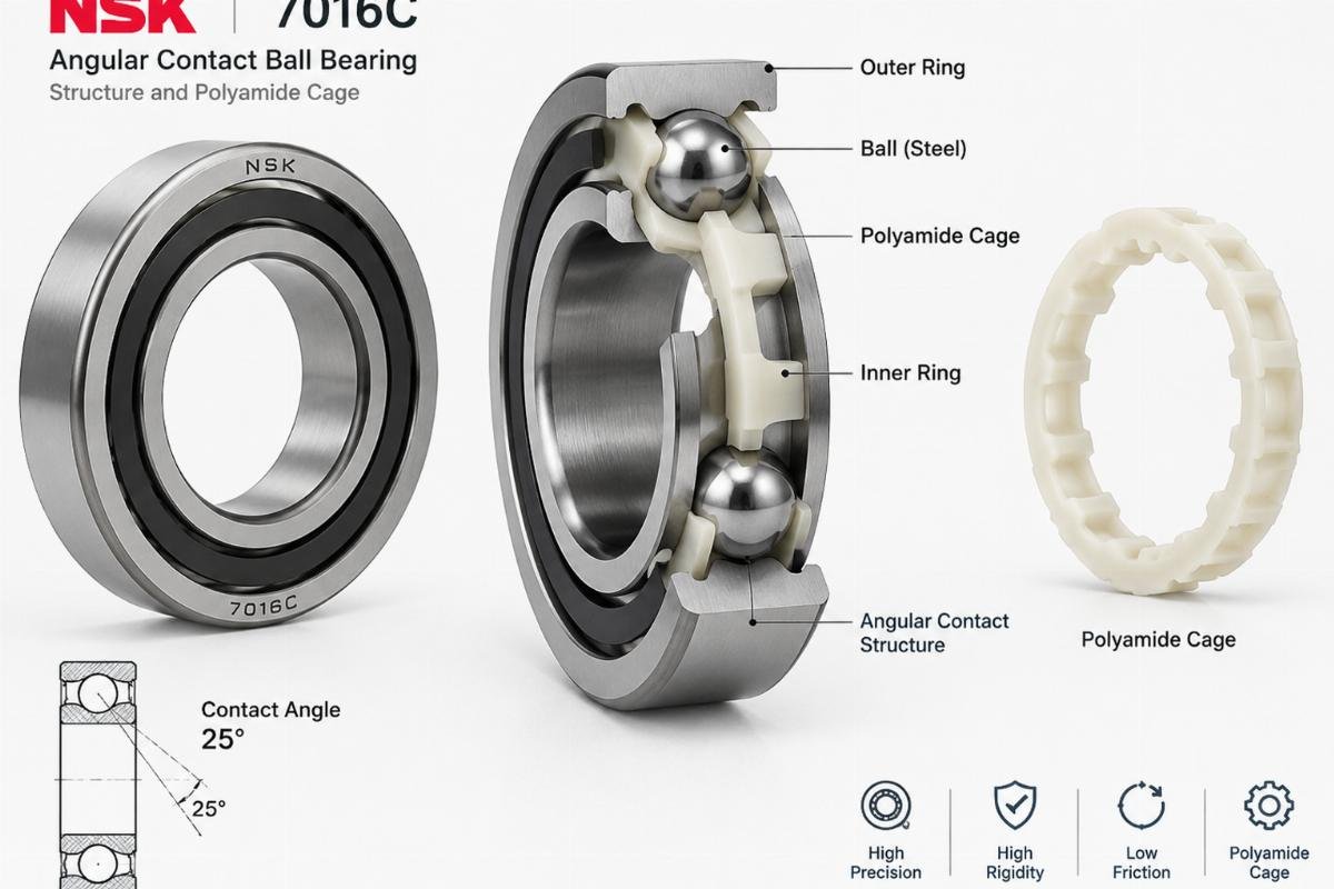 NSK 7016c angular contact ball bearing structure and polyamide cage