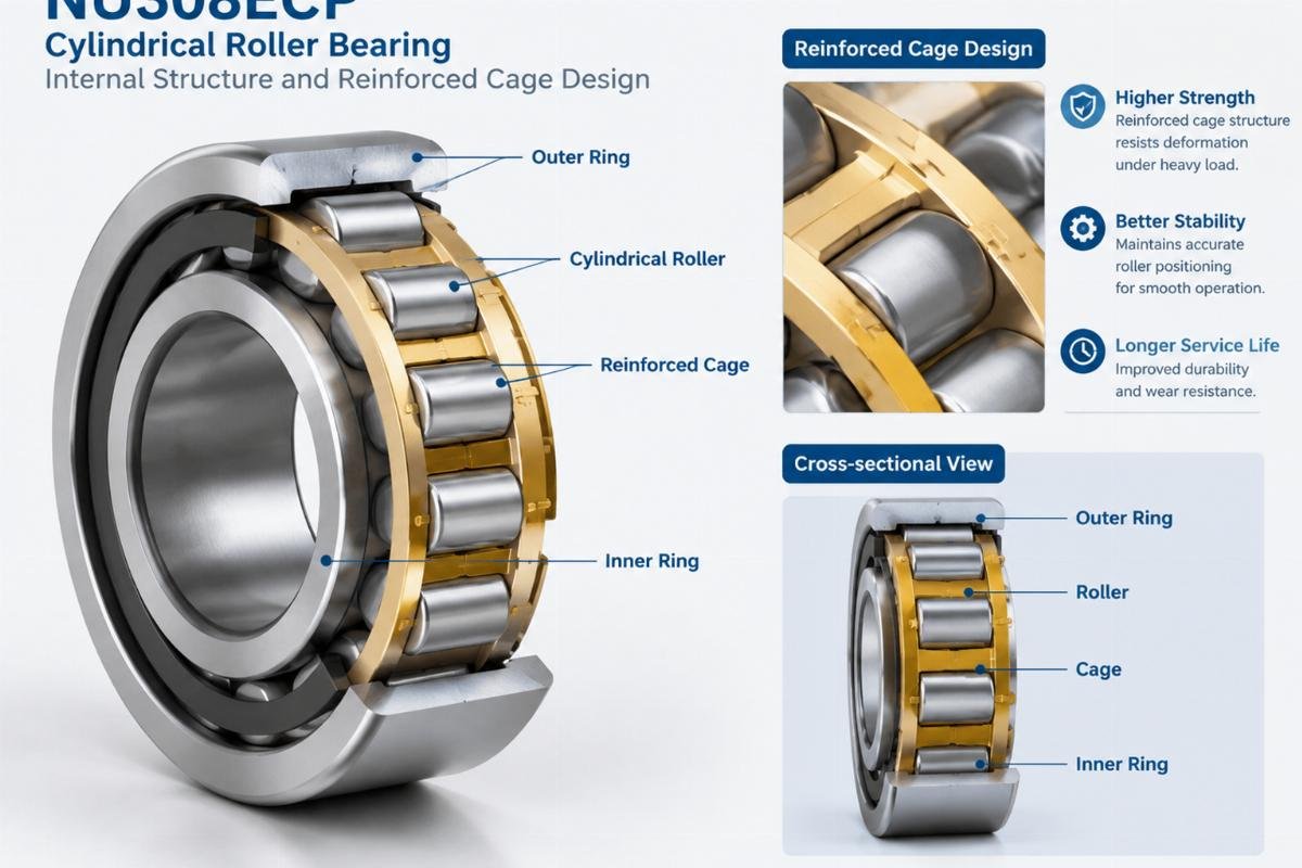 Nu308ecp cylindrical roller bearing internal structure and reinforced cage design