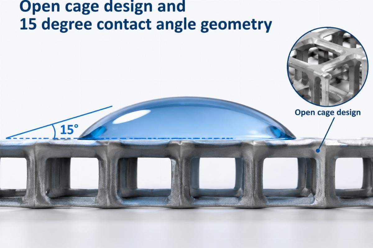Open cage design and 15 degree contact angle geometry