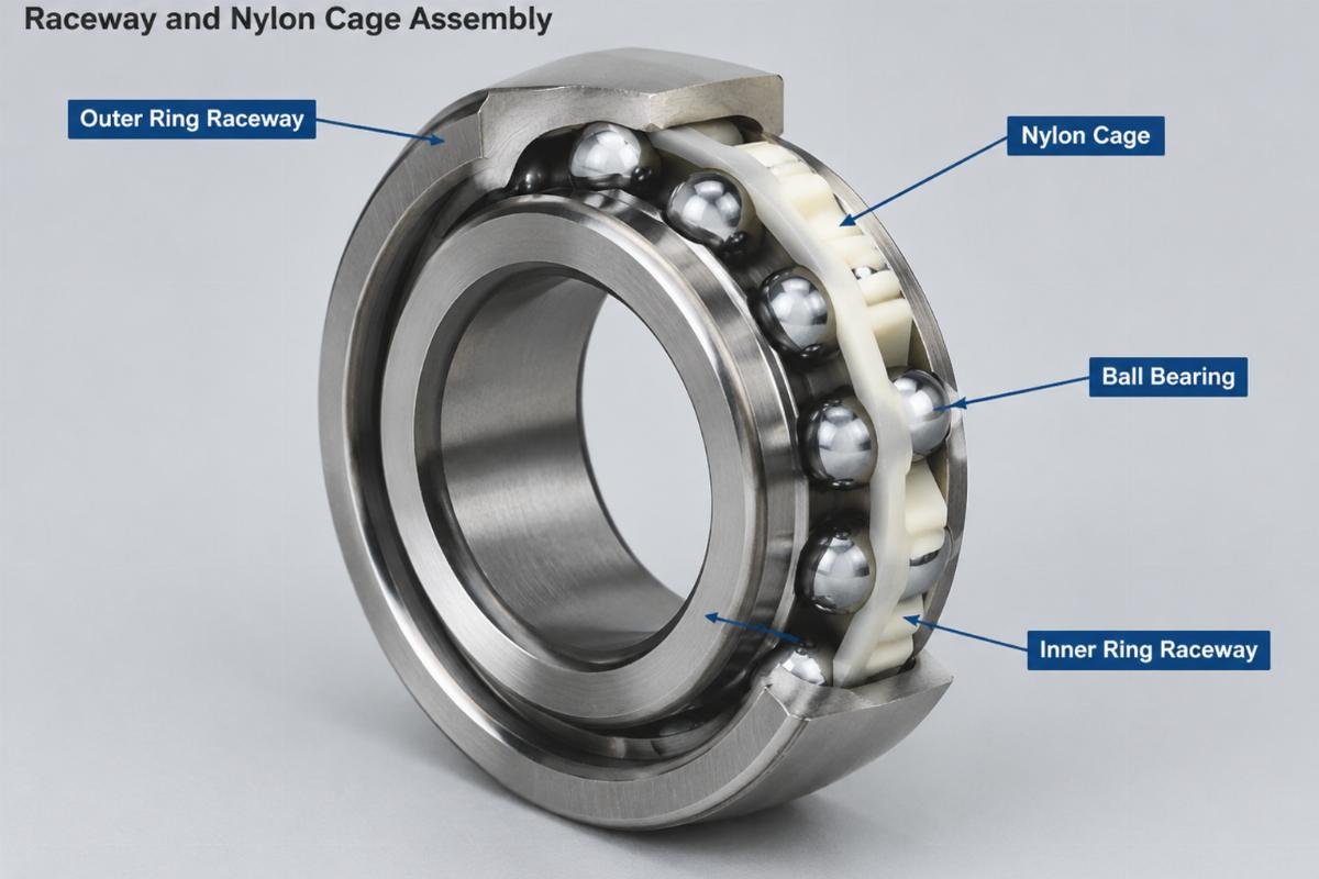 Open type angular contact ball bearing raceway and nylon cage assembly