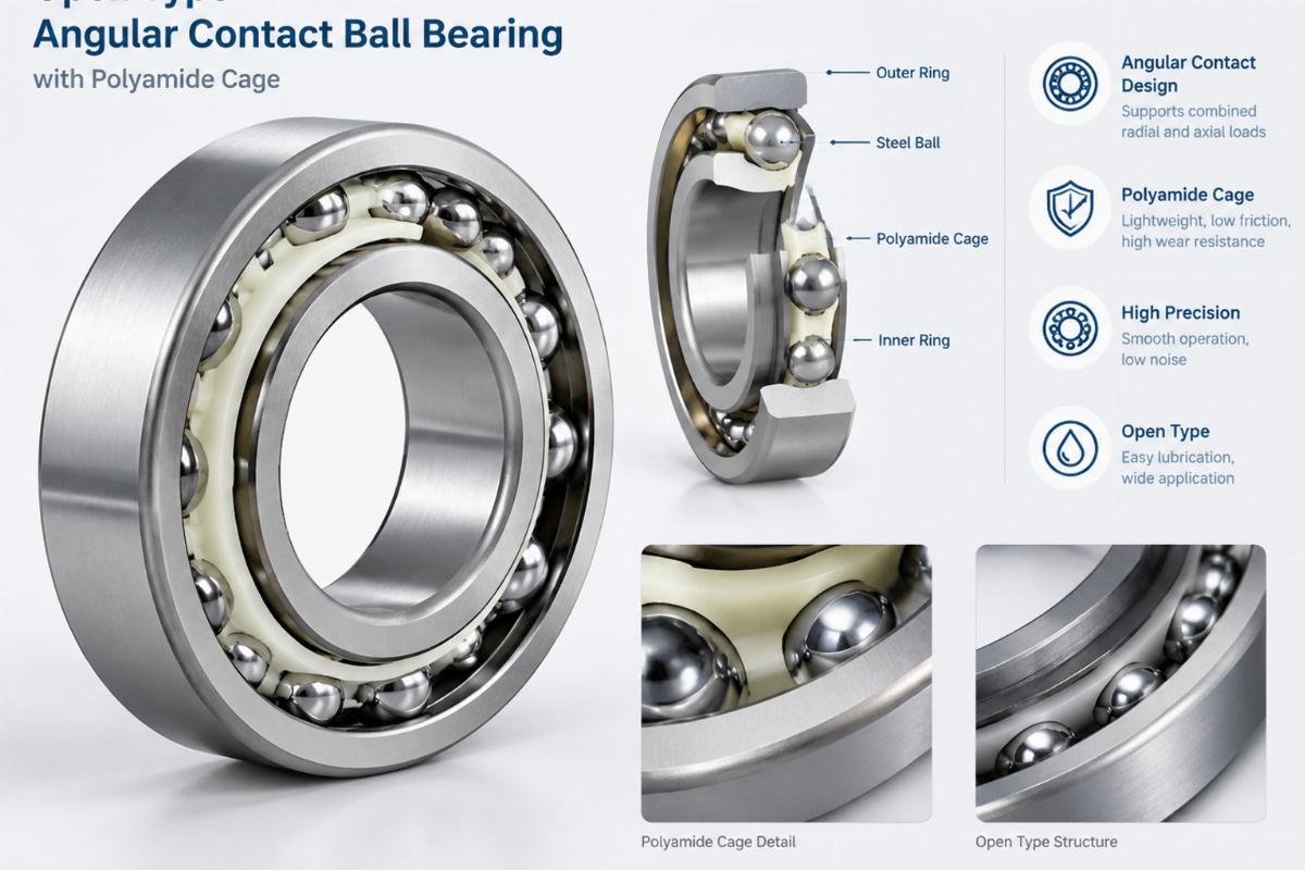 Open type angular contact ball bearing with polyamide cage