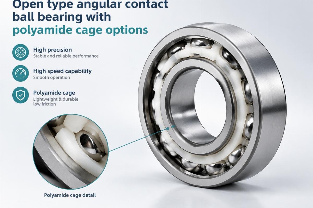 Open type angular contact ball bearing with polyamide cage options