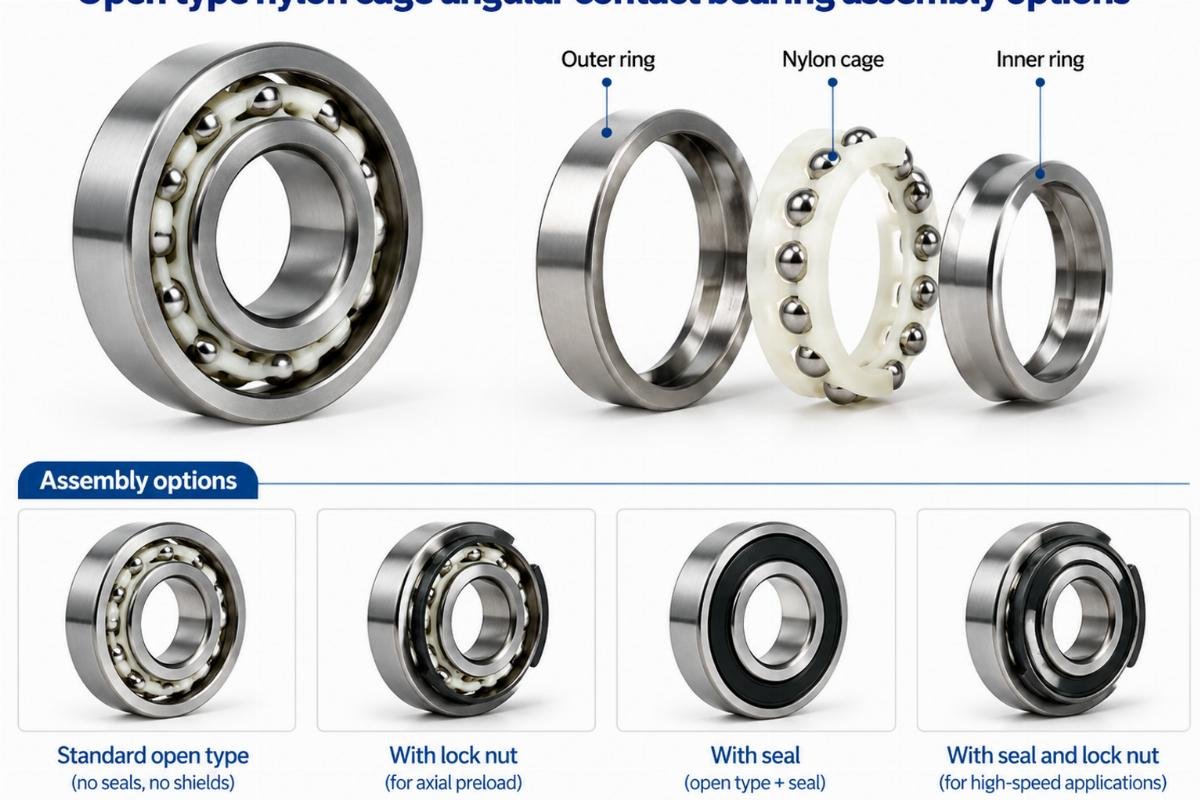 Open type nylon cage angular contact bearing assembly options