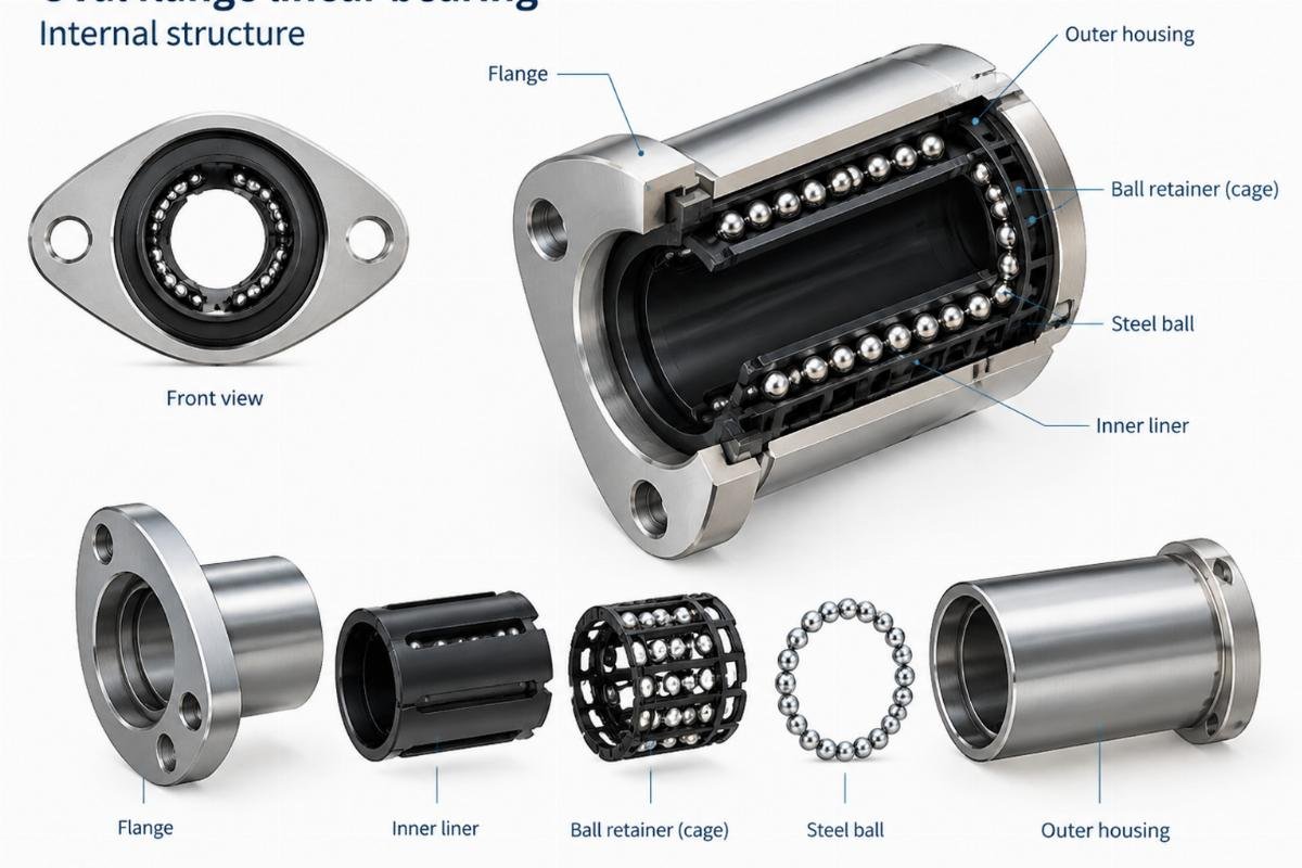 Oval flange linear bearing internal structure