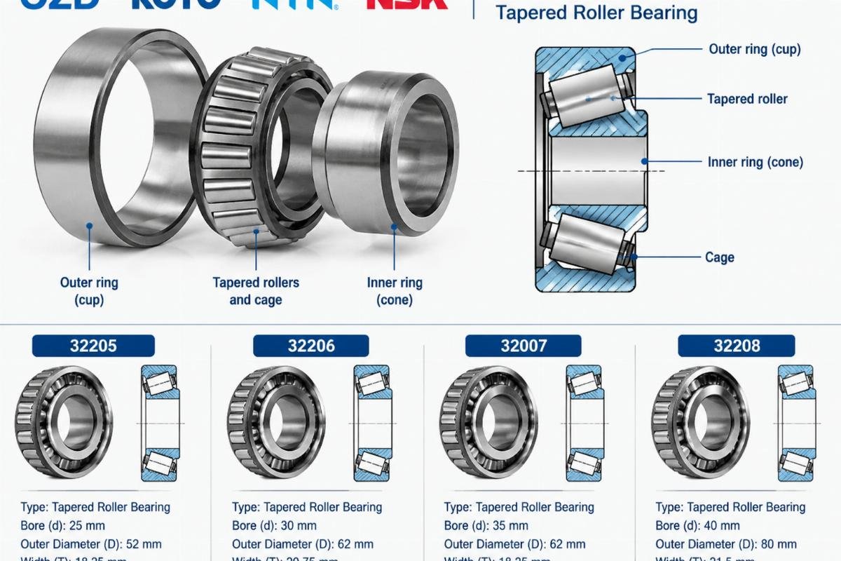 OZD KOYO NTN NSK 32205 32206 32007 32208 tapered roller bearing structure and cross-section
