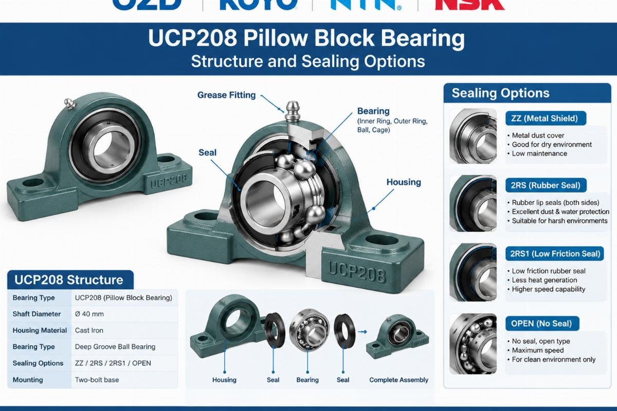 OZD KOYO NTN NSK UCP208 pillow block bearing structure and sealing options
