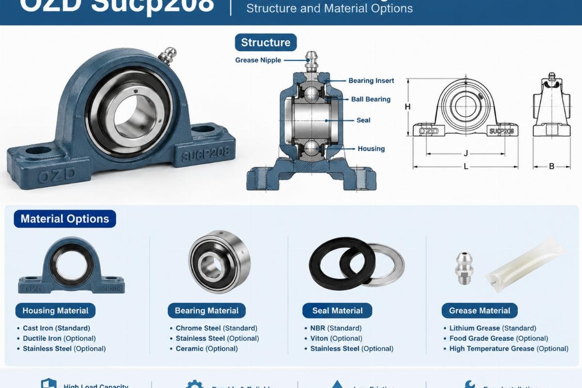 OZD Sucp208 pillow block bearing structure and material options