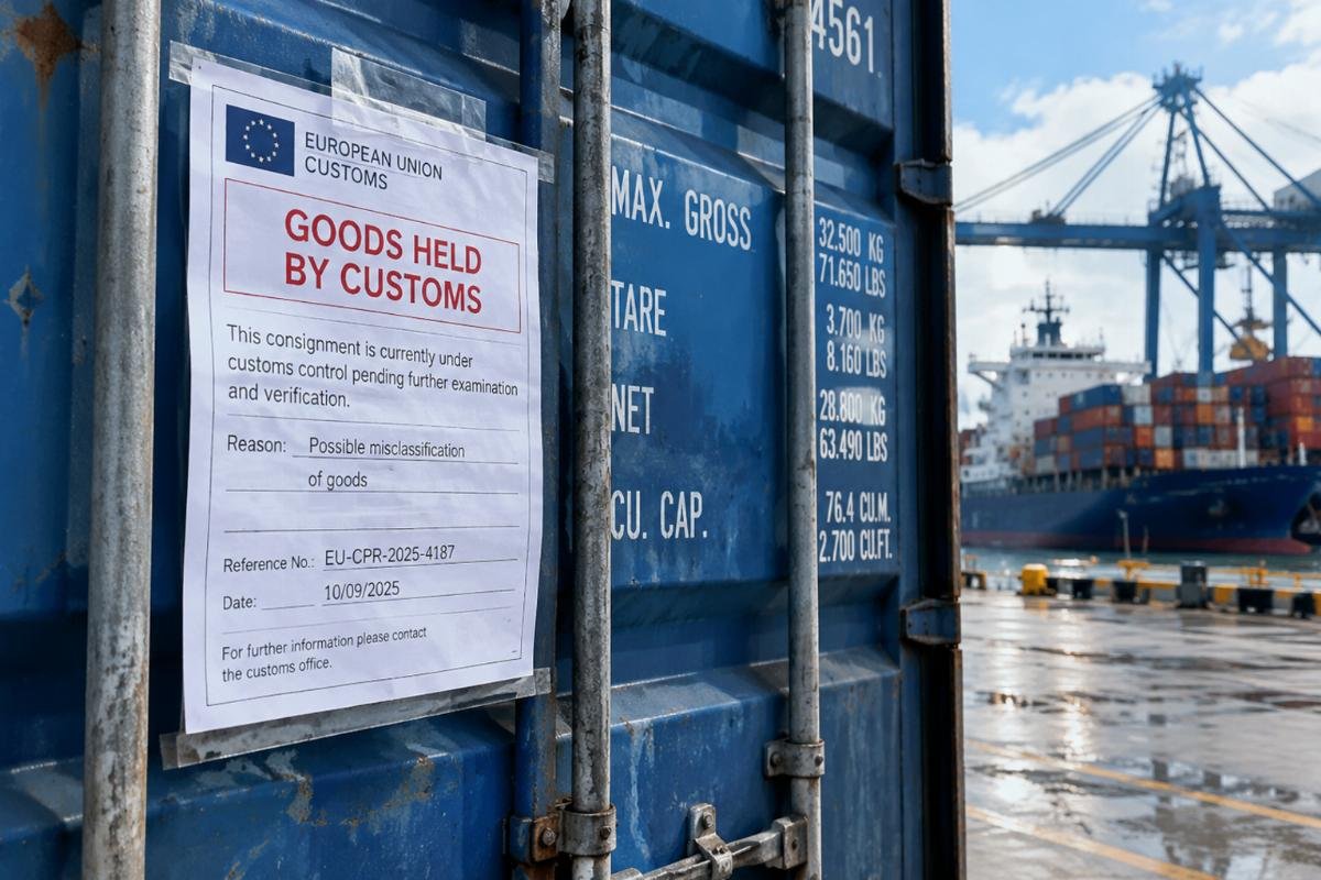 Photo of a customs hold notice attached to a shipping container at a European port, symbolizing the risks of misclassification