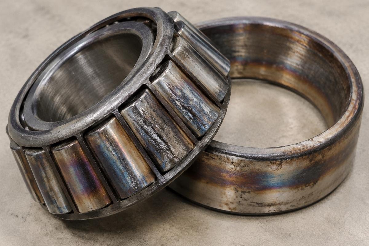 Photo of a failed tapered roller bearing showing signs of edge loading and heat damage