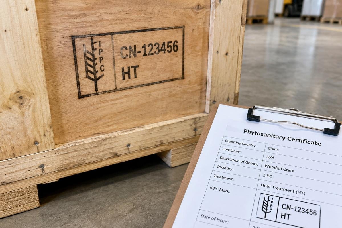 Photo of a wooden shipping crate with a clear, stamped IPPC fumigation mark next to a clipboard with a matching document entry