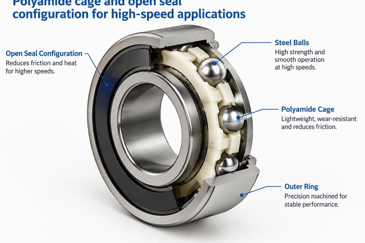 Polyamide cage and open seal configuration for high-speed applications