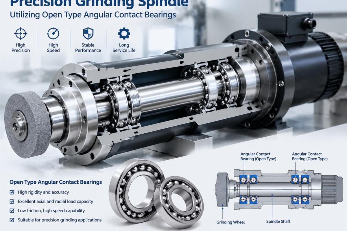 Precision grinding spindle utilizing open type angular contact bearings