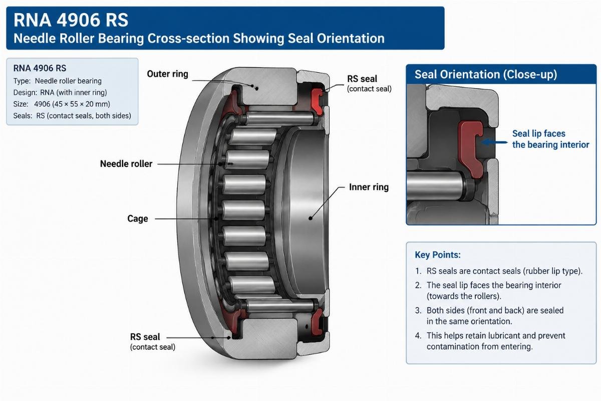 Rna 4906 RS needle roller bearing cross-section showing seal orientation