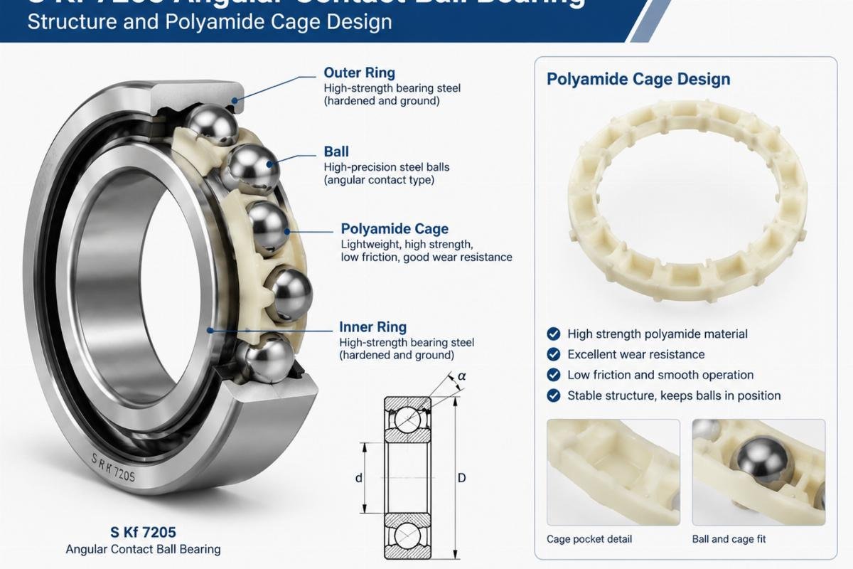 S Kf 7205 angular contact ball bearing structure and polyamide cage design