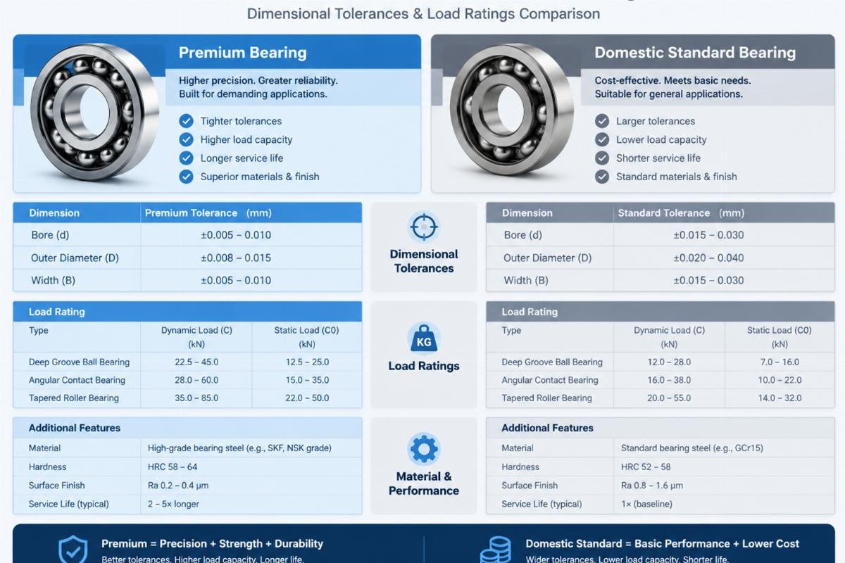 Side-by-side technical comparison chart showing dimensional tolerances and load ratings of premium vs domestic standard bearings