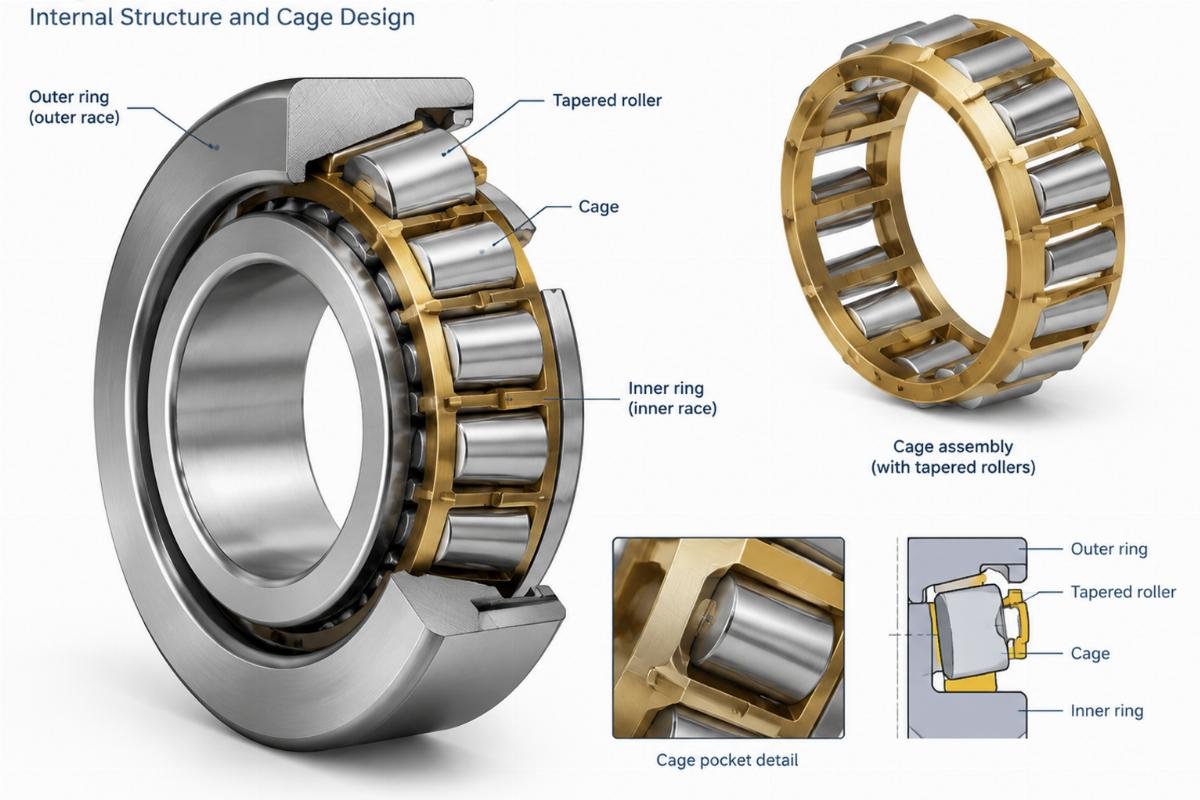 Single row chrome steel tapered roller bearing internal structure and cage design