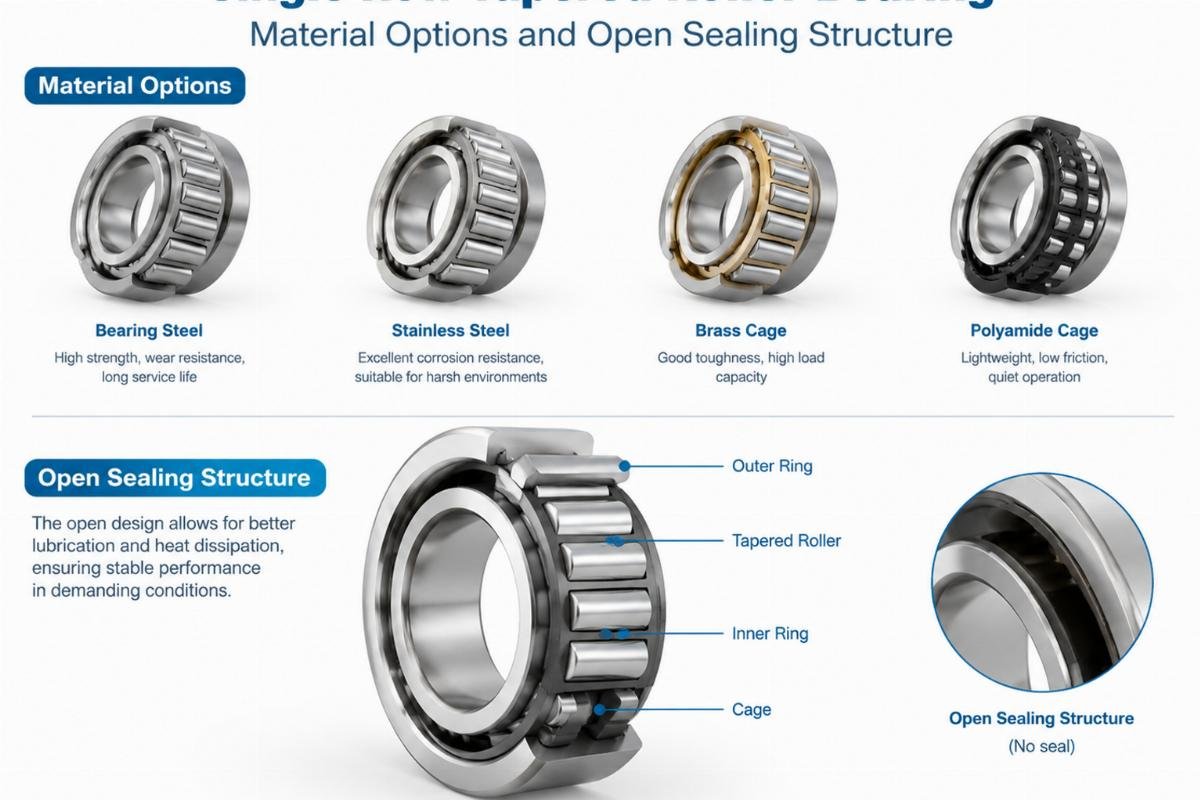 Single row tapered roller bearing material options and open sealing structure