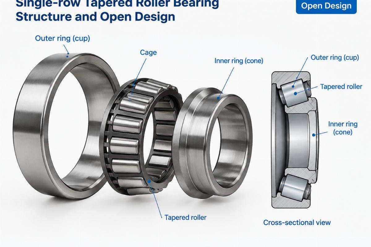Single-row tapered roller bearing structure and open design