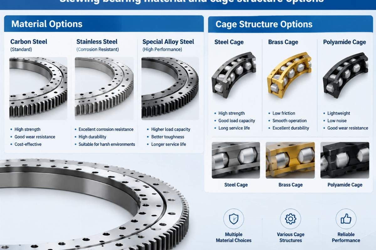 Slewing bearing material and cage structure options