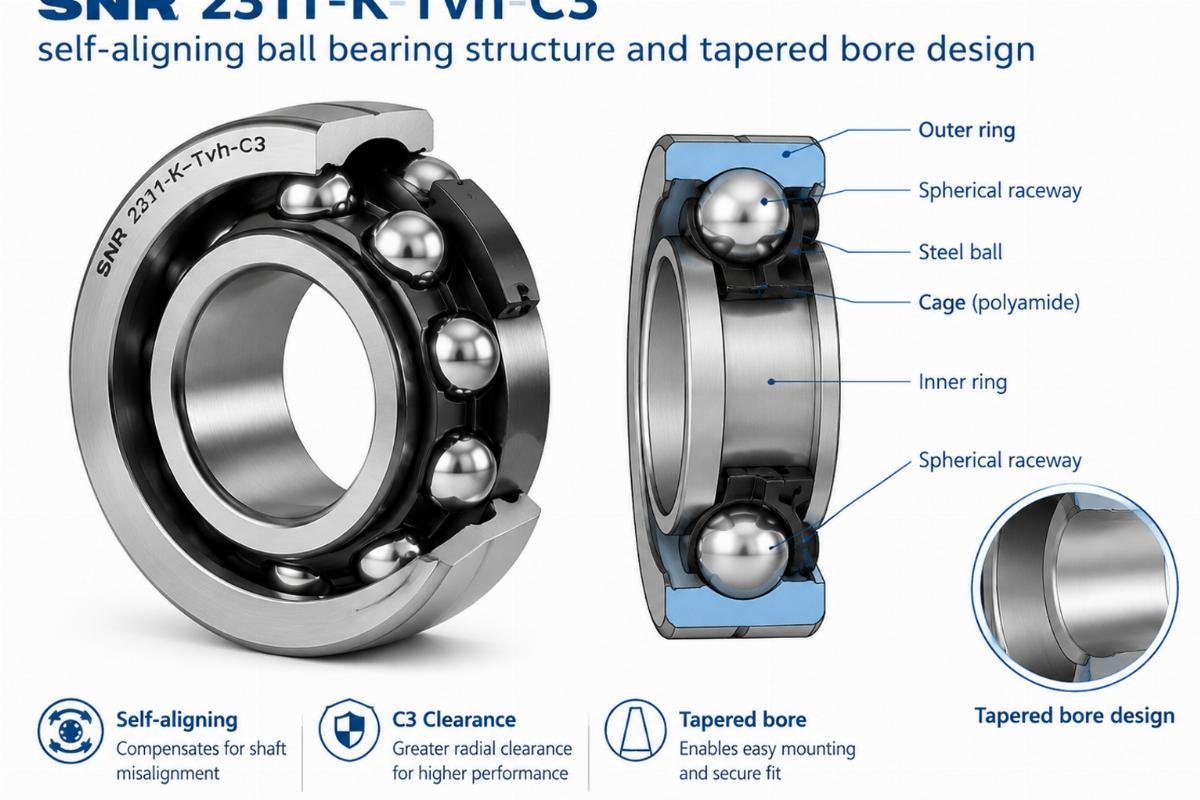 SNR 2311-K-Tvh-C3 self-aligning ball bearing structure and tapered bore design