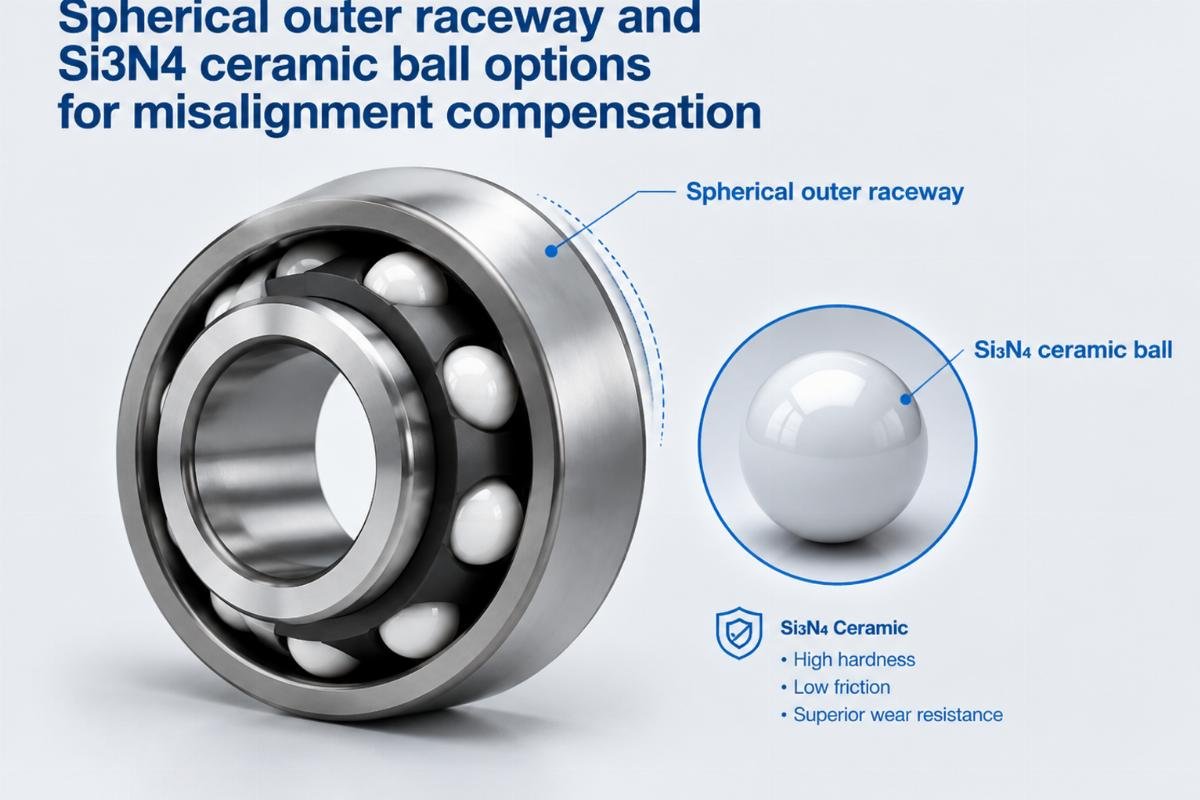 Spherical outer raceway and Si3N4 ceramic ball options for misalignment compensation
