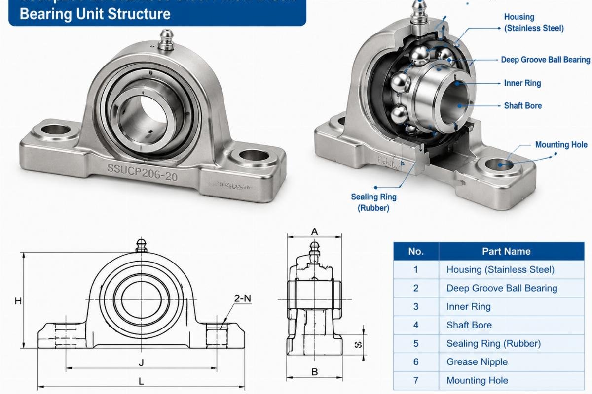 Ssucp206-20 stainless steel pillow block bearing unit structure