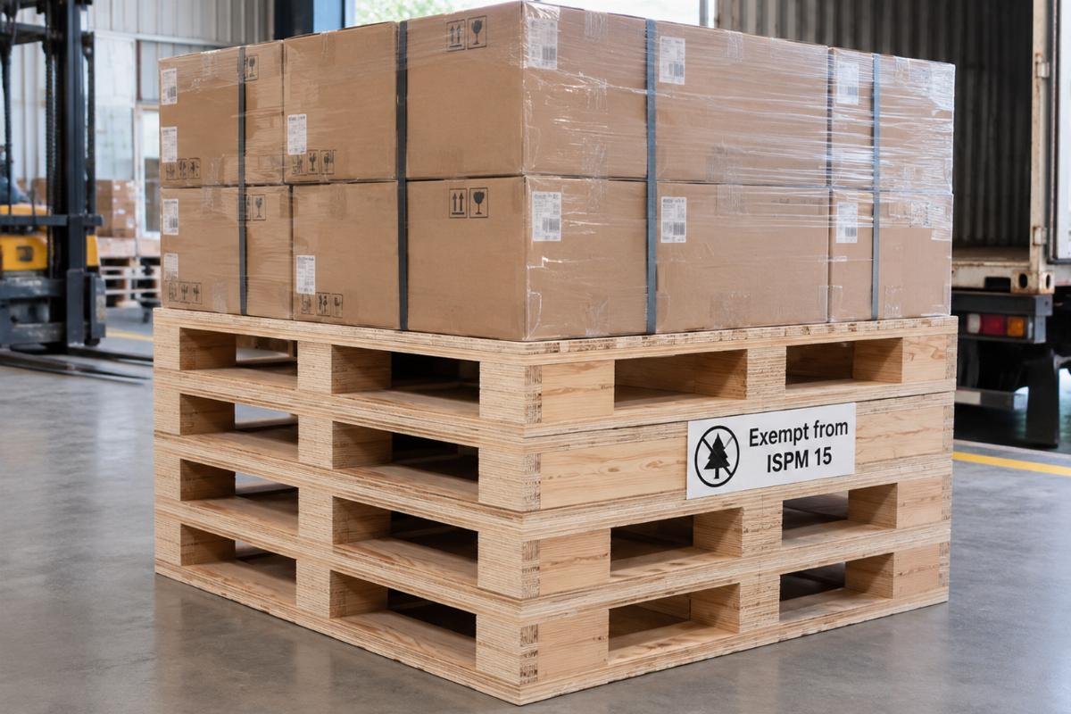 Stack of plywood pallets ready for loading bearing boxes, exempt from ISPM 15