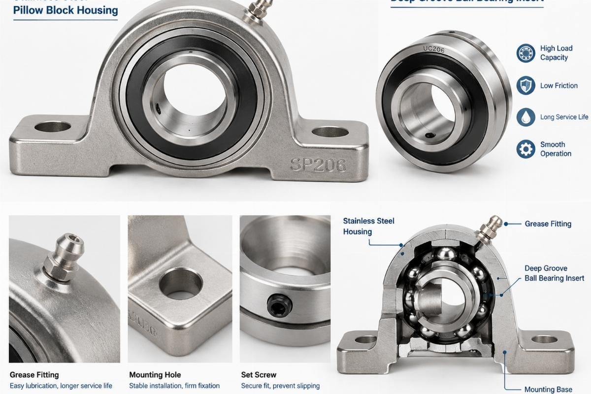Stainless steel pillow block housing and deep groove insert details