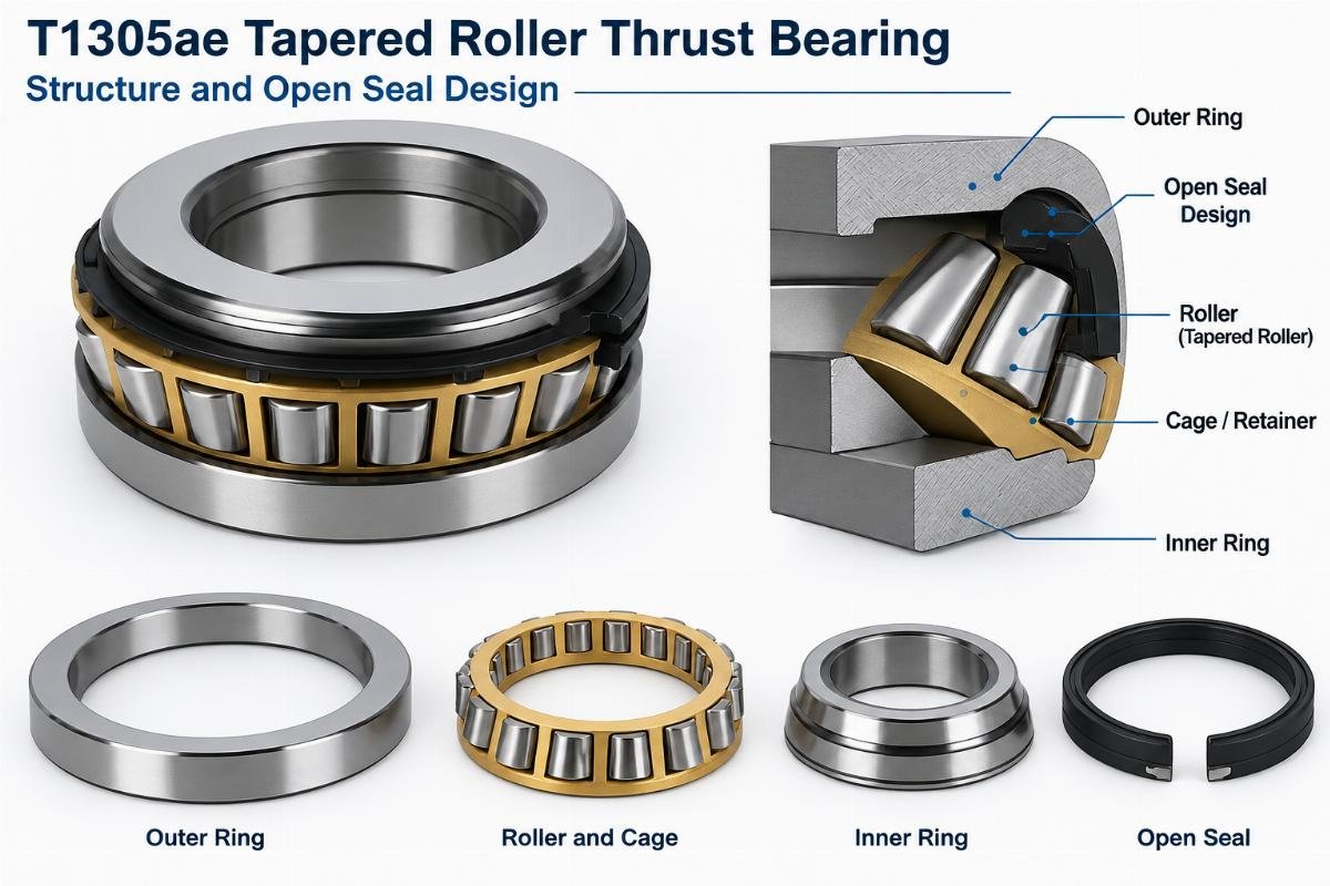 T1305ae tapered roller thrust bearing structure and open seal design